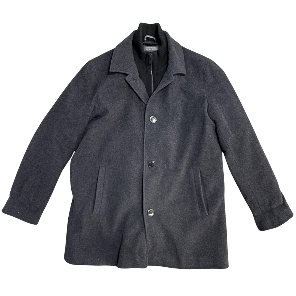 Kenneth Cole Reaction Coat Mens Large Gray Wool Blend Overcoat Lined Insulated